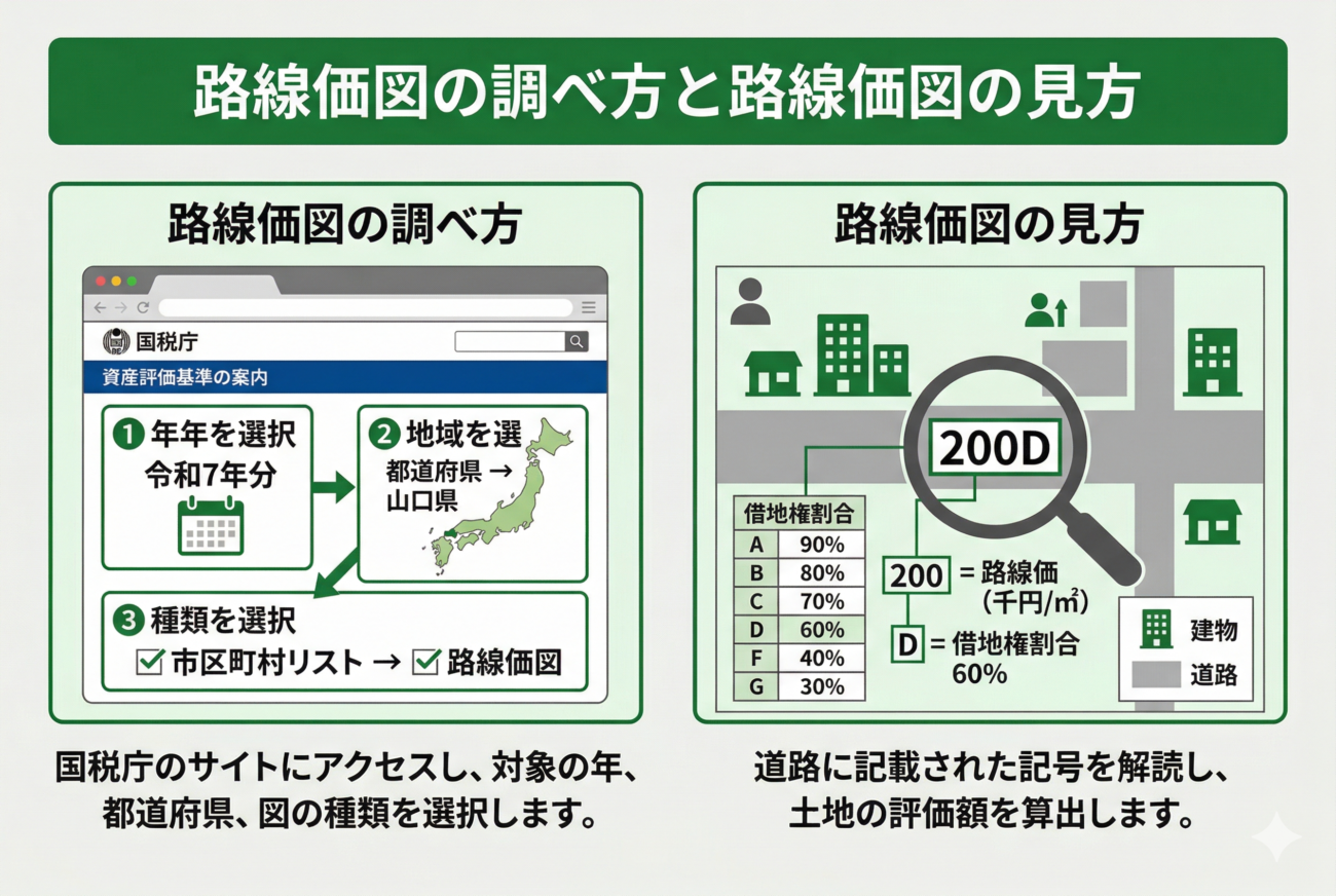 路線価の調べた方や路線価図の見方を解説する、緑をベースカラーとする図