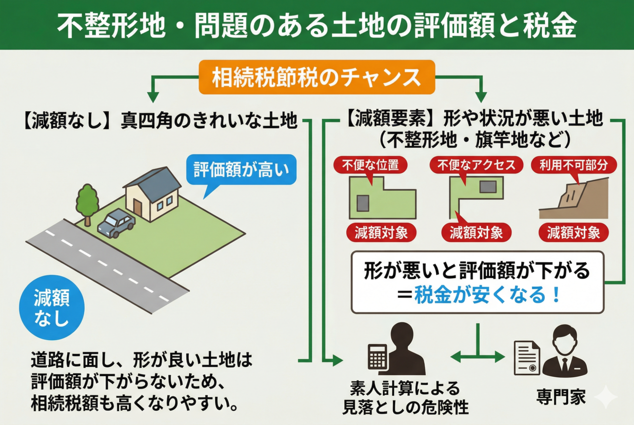 不整形地や問題のある土地の評価額と税金について解説している、緑をベースカラーとする図