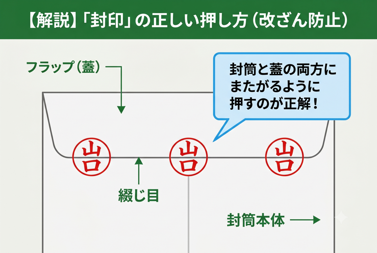 遺言書の正しい封印の押し方を説明する、緑を基調としたイラスト