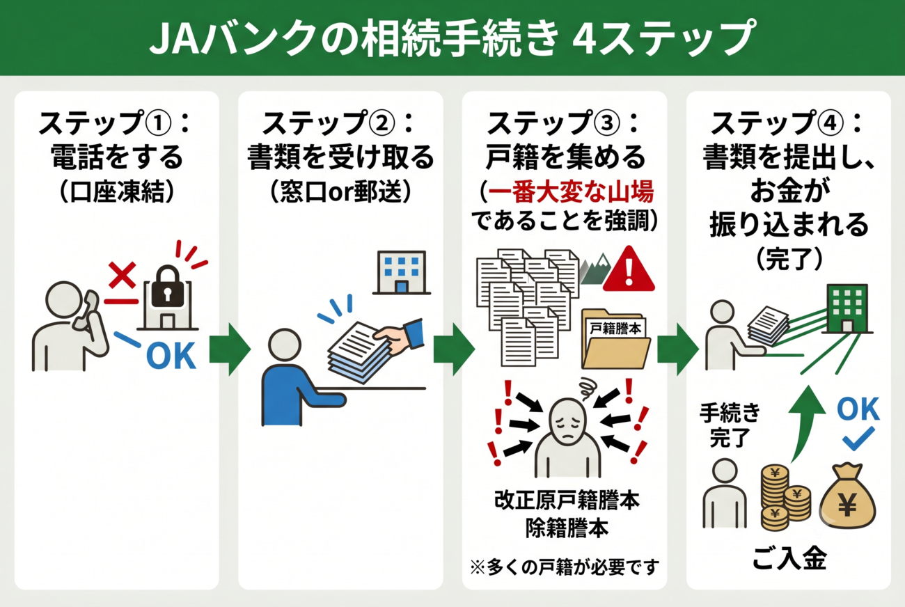 JAバンクで相続の手続きを行う時の4ステップを説明したイラスト