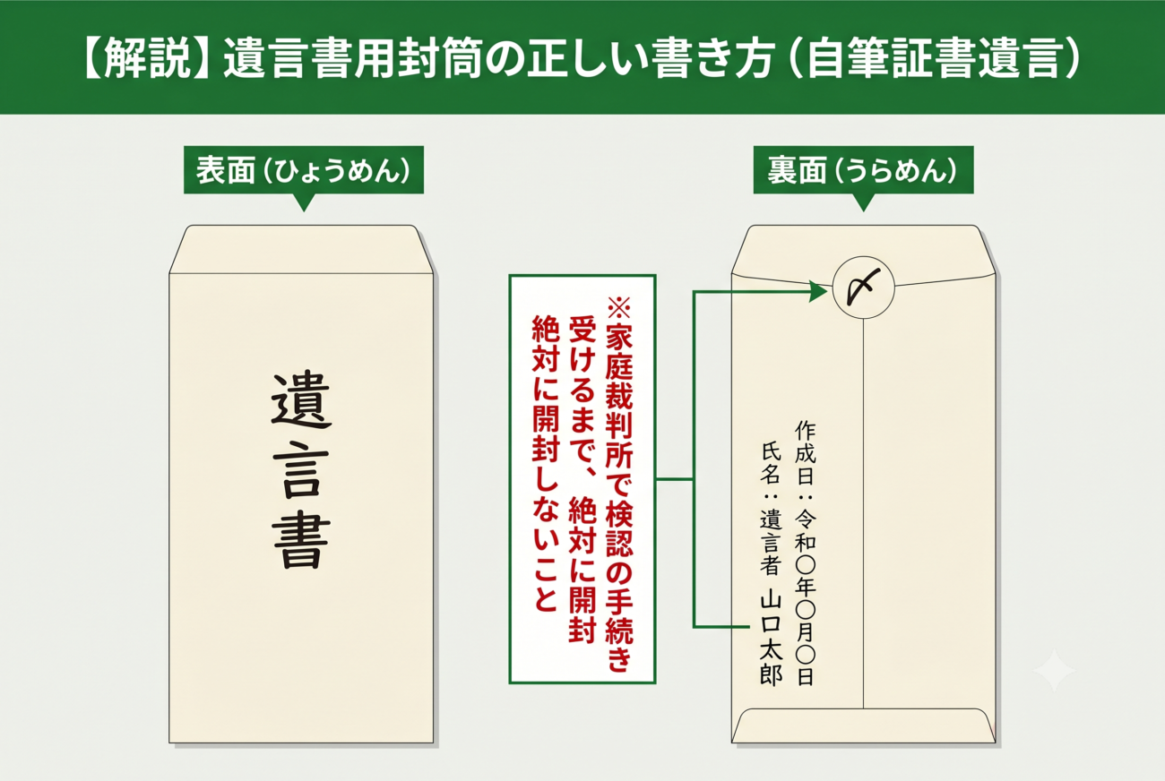 遺言書の正しい書き方を図解した緑を基調としたイラスト