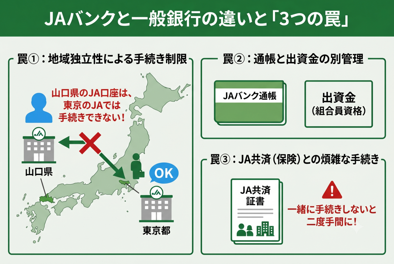 JAバンクと一般銀行の違いを説明する緑を基調としたイラスト