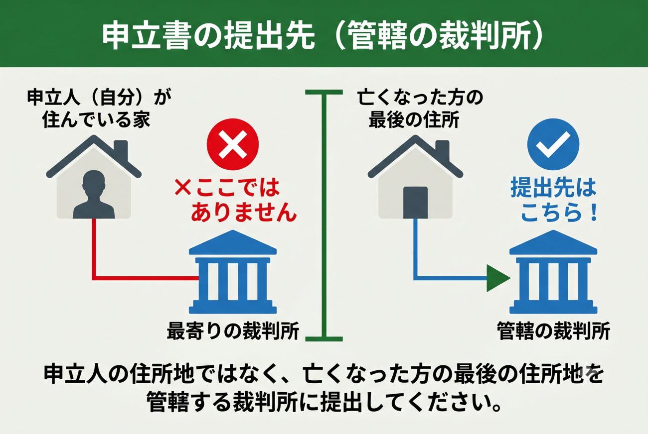 申立書の提出先について解説している、緑を基調としたイラスト
